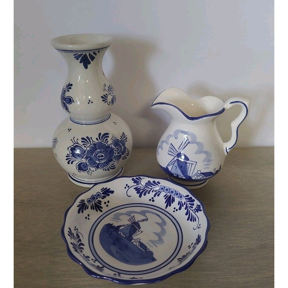 3 Piece Lot Handpainted Delft Blue Pottery Vase Bowl Pitcher Windmill Holland